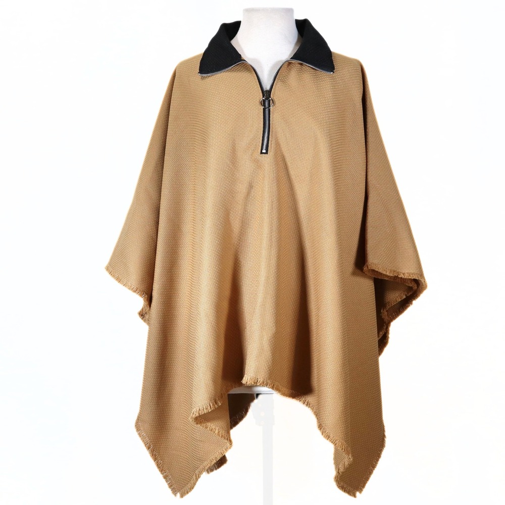 Nordstrom Rack Poncho NWT Womens One Size Tan Quarter Zip Fringe Hem Casual Wrap